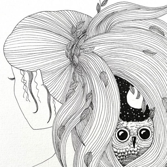 Fineliner Zeichnung Frau mit Eule im Haar